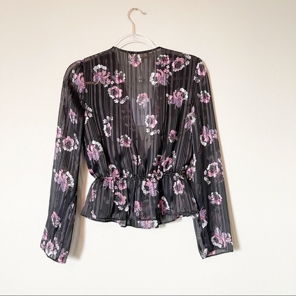 WAYF Women's Virginia Floral Peplum Blouse Sheer Metallic Black Pink XS NWT - Picture 6 of 6